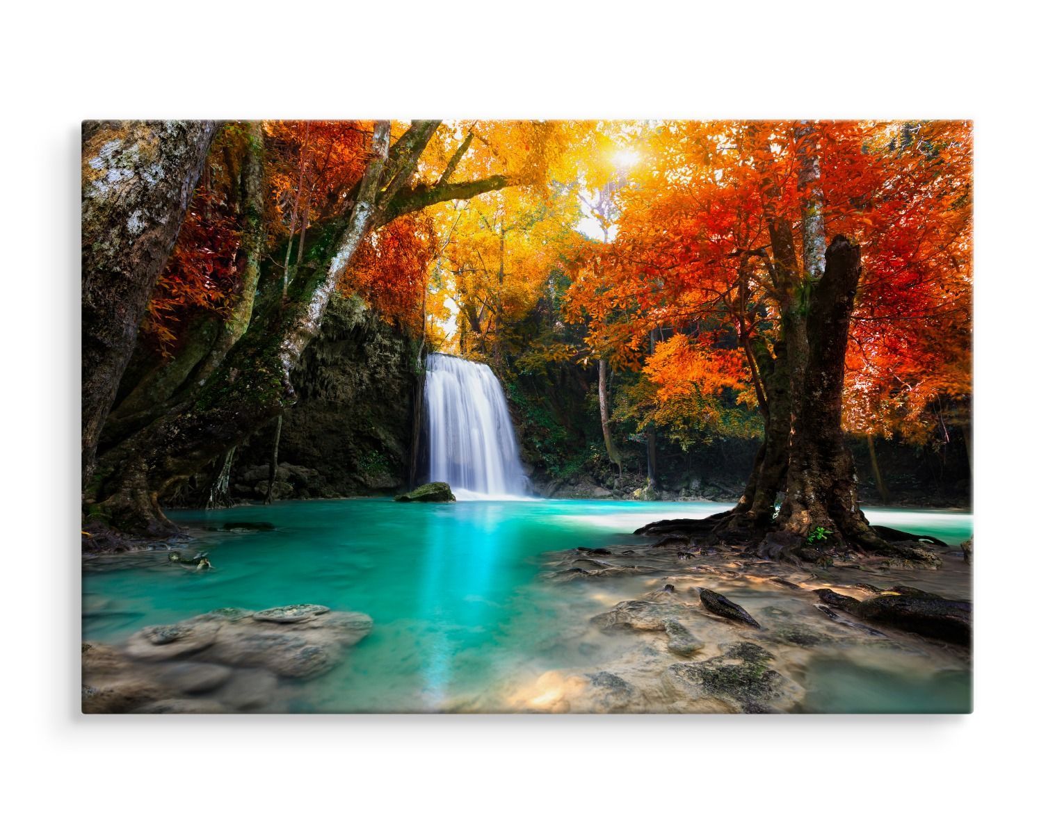 CANVAS Leinwandbild XXL Wandbilder Wasserfall Herbst Wald Landschaft 3D