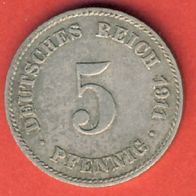 Kaiserreich 5 Pfennig 1911 J