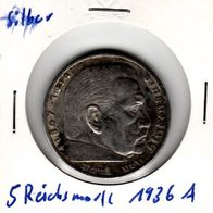 5 Reichsmark Hindenburg 1936 A, Silbermünze sehr gut erhalten