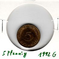 5 Pfennig 1992 G sehr gut erhalten