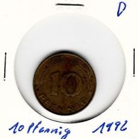 10 Pfennig 1992 D sehr gut erhalten