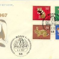 Bundesrepublik FDC Mi. Nr. 529 + 530 + 531 + 532 (1) Jugendmarken 1967: Pelztiere <