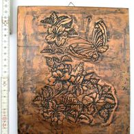 geprägtes Bild aus Kupfer / Kupferblech 20 x 23,5 cm * Blumen & Schmetterling