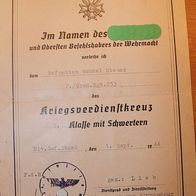 Original Urkunde Kriegsverdienstkreuz 2. Klasse m. Schwerter, 2./ Gr. Rgt. 253