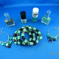 Beauty Set / 4 Nagellacke "Essence" + Ohrringe + Armband Farbe grün und schwarz