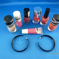 Beauty Set / 6 Nagellacke "Essence" + Maybelline My Gloss + Creolen, Ohrringe schwarz