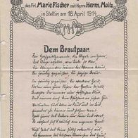 Stettin Hochzeitszeitung 1914 Brautpaar Hermann Moltz u. Marie Fischer