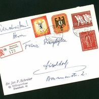 Einschreibe-Brief von 1956 mit den Marken BRD 215 und 218 sowie Berlin 130 und 136