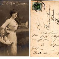 Deutsches Reich Postkarte 5 Pfg - Rückseite "Frohe Ostern" Dame mit Osternest