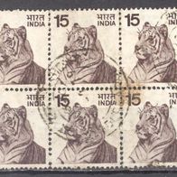 Indien, 1975, Mi. 635, Tiger, 6er Block, echt gelaufen
