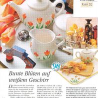 Bunte Blüten auf weißem Geschirr (Deko-K) - Infokarte über