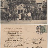 Lübeck AK 1913 Restaurant zum Schlachthof von Bernhard Buck mit Prersonen-Top Karte