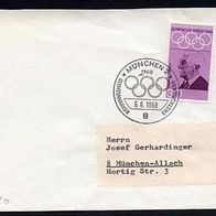 München 06.06.1968 Olympia Ringe FDC Coubertin