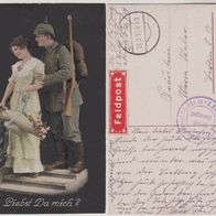 Feldpost 1917 mit Aufkleber Rot Feldpost Motiv Liebst Du mich Schöner Briefstempel