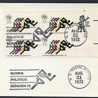 Olympia Philatie München 72, Karte mit Mi.1076 4er Block USA gest.