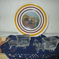 WMF Pressglas, Pferdewagen, 1950, 2 Stück & 1 Teller, 3 Teile