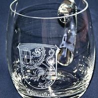 Bierkrug aus Glas mit Wappen und Schriftzug Taunusstein