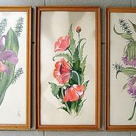 DDR Kunstgewerbe Dekoration * 3er Set Aquarelle Blüten Blumen Bilder verglast