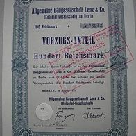 Kolonialaktie Baugesellschaft Lenz & Co. 100 RM Berlin 1935