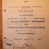 Original Urkunde VWA Schwarz, Panzerjäger der Pz. Jg. Kp "Korthase", sehr selten