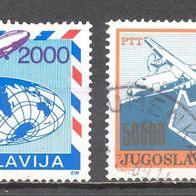 Jugoslawien, 1988, 1989, Mi. 2296, 2384, Luftfahrt, Flugzeuge, 2 Briefm.