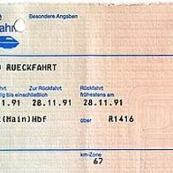 alte Fahrkarte DB Rückfahrkarte 706370206 Frankfurt (Main) - Gießen vom 28.11.1991