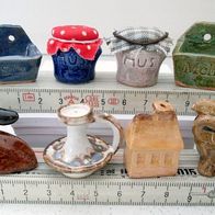 8 Mini Keramik Puppenhaus Setzkasten * Vorratsbehälter Bügeleisen Eule Kerzenhalter