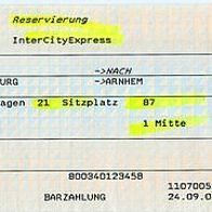 Fahrkarte DB 997996204 Platzreservierung ICE Duisburg-Arnheim NL vom 18.10.2004