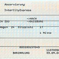 Fahrkarte DB Platzreservierung 873353 Berlin Bahnhof Zoo - Duisburg 13.10. 2004