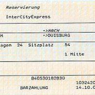 Fahrkarte DB 103764290 Platzreservierung ICE Arnhem NL Duisburg vom 15.10. 2004