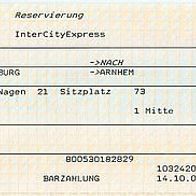 Fahrkarte DB Platzreservierung 103764286 ICE Duisburg Arnhem NL vom 15.10. 2004