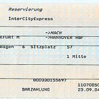 Fahrkarte DB 000873320 Platzreservierung Frankfurt-Hannover vom 07.10. 2004