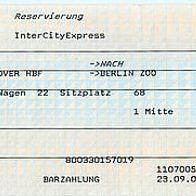 Fahrkarte DB 000873331 Platzreservierung Hannover-Berlin vom 08.10. 2004