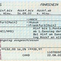 Fahrkarte DB 297798756 ICE Frankfurt-Husum Rückfahrkarte vom 25.08.2002