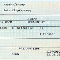 Fahrkarte DB 297798745 Platzreservierung ICE Hamburg Dammtor-Frankfurt vom 01.09.2002