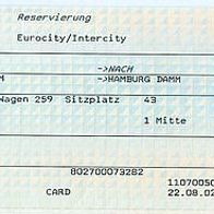 Fahrkarte DB 297798734 EC/ IC Platzreservierung Husum-Hamburg Dammtor vom 01.09.2002