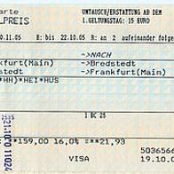Fahrkarte DB Rückfahrkarte 765282416 Frankfurt-Bredstedt vom 21.10.2005