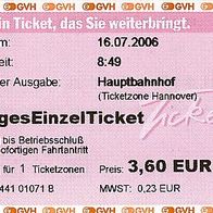 Fahrkarte GVH Tageskarte Nr. 1441 01071 B Hannover vom 16.07. 2006