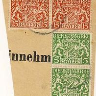 Bayern, Dienstmarken Mi.17 + 26 auf Briefstück.(4)