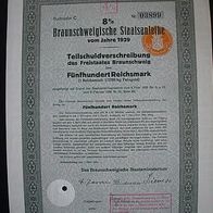 Braunschweig 8 % Staatsanleihe 500 RM 1929 auf Feingoldbasis