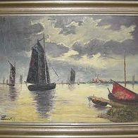 Altes Gemälde - Boote bei aufziehendem Gewitter