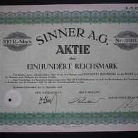 Bier-Aktie Sinner AG Karlsruhe 100 RM 1926