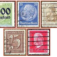 414 Deutsches Reich - fünf gestempelte Briefmarken verschiedene Werte