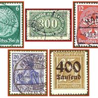 423 Deutsches Reich - fünf gestempelte Briefmarken verschiedene Werte