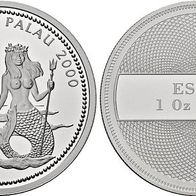 PALAU. Republic, since 1980. 1 Dollar 2000. Pattern in Palladium. Mermaid