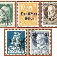 431 Deutsches Reich - fünf gestempelte Briefmarken verschiedener Werte - Bayern