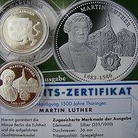 Silber - Gedenkprägung Reformator Martin Luther mit Lutherrose und Wartburg (PP)