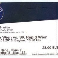 Ticket Eintrittskarte Wiener Derby FK Austria Wien vs SK Rapid 7. 8. 2016 Fußball