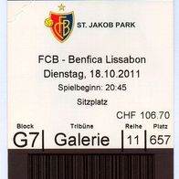 Ticket FC Basel vs Benfica Lissabon 18. 10. 2011 Lisboa Lisbon Portugal Schweiz