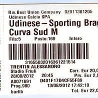 Ticket EC Udinese Calcio vs Sporting Braga 28. 8. 2012 Udine Portugal Friaul Sport